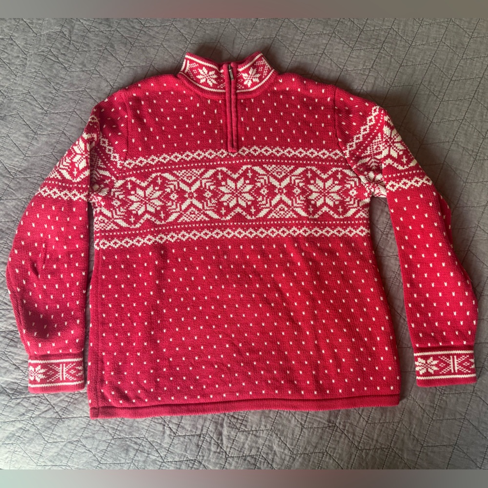 Land’s End Fair Isle Nordic Red 100% Cotton Christmas 1/4 Zip Sweater size small